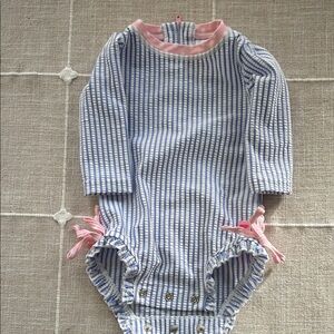 Ruffle Butts Blue and Pink Striped Kids Swim One Piece